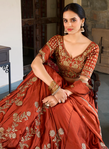 Fascinating Orange Thread Embroidered Silk Lehenga Choli For Wedding